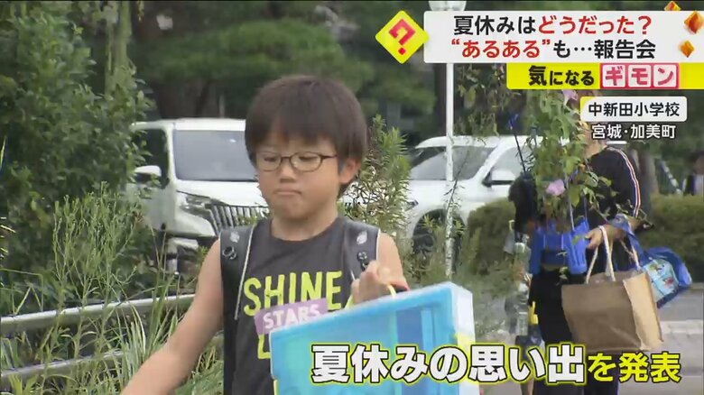 大きな荷物を持って投稿する小学生