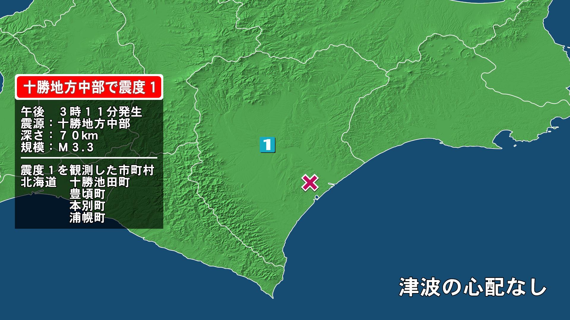 北海道で最大震度1の地震　北海道・十勝池田町、豊頃町、本別町、浦幌町