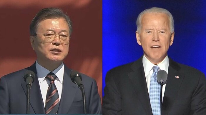 「中国を敵に回したくない」文大統領(左)とバイデン氏(右)