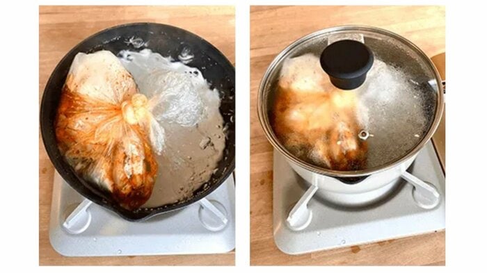 水を節約しながら温かい料理が作れる「耐熱ポリ袋を使った湯煎調理」(提供:日本ガス石油機器工業会)