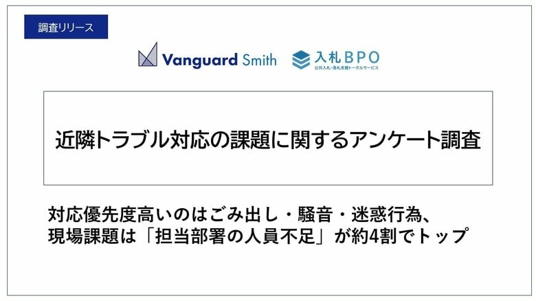 自治体調査で浮かび上がる　“事件未満の近隣トラブル”対応の現場課題と即戦力ニーズ。対応優先度高いのはごみ出し・騒音・迷惑行為、現場課題は「担当部署の人員不足」が約4割でトップ