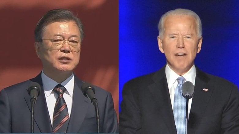 「中国を敵に回したくない」文大統領(左)とバイデン氏(右)