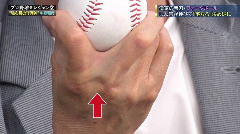 ボールを挟むと指の股にできる“えくぼ”