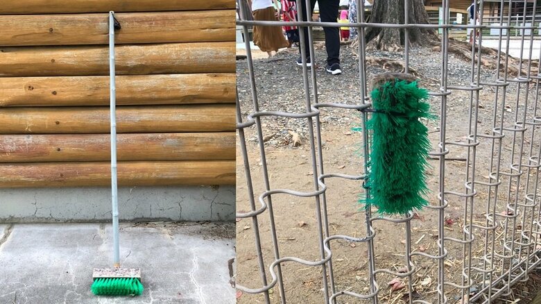 左：壊れる前のデッキブラシ　右：壊れた後の再利用されたデッキブラシ