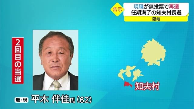 隠岐・知夫村長選挙 現職が無投票で再選(島根・知夫村)