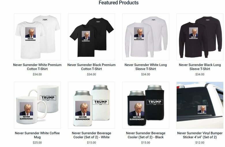 2023年8月には“マグショットグッズ”で10億円を調達（トランプ陣営公式グッズHPより）