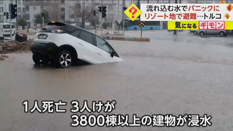 集中豪雨で転覆した白い車