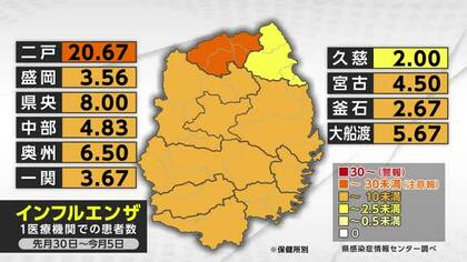 インフル2週連続注意報基準下回る　1医療機関5.74人　岩手県
