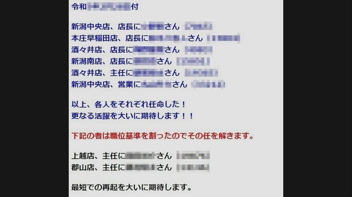人事異動の発表の紙