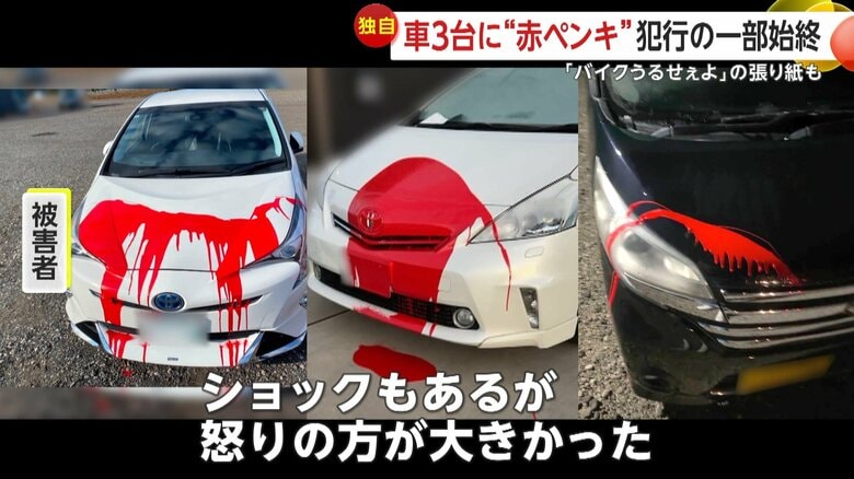 ペンキをかけられた被害者の車（視聴者撮影）