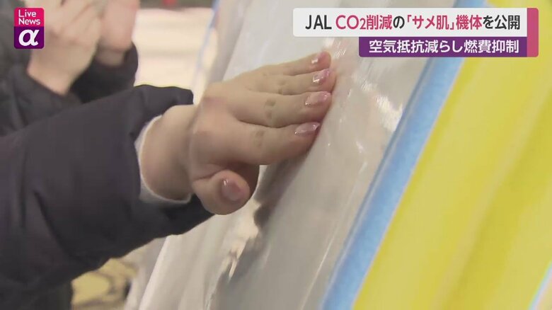 JALが発表した新しい“サメ肌機体”の手触りを確かめる