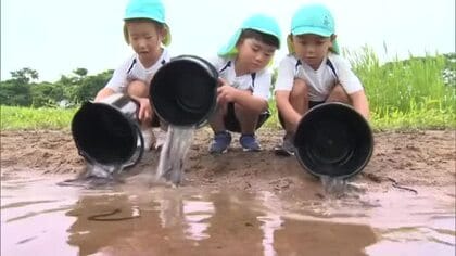 ウナギの幼魚に「大きくなってね」と声をかけながら…津山市の吉井川で園児が約４００匹を放流【岡山】