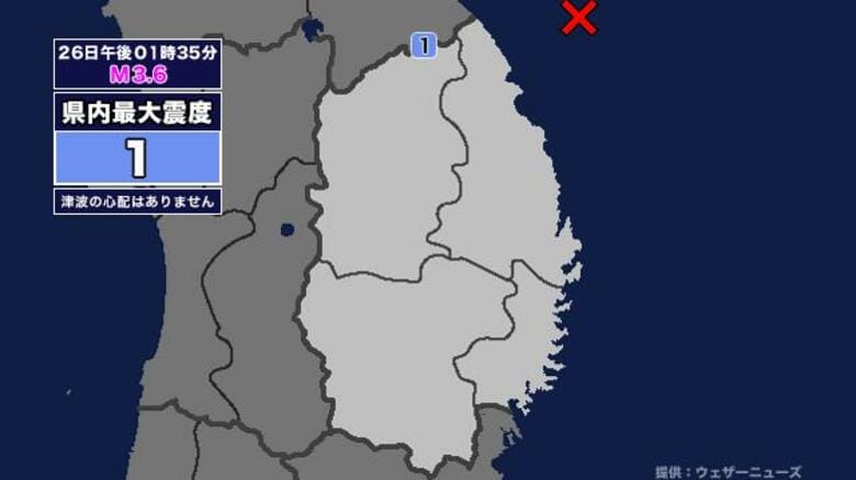【地震】岩手県内で震度1 岩手県沖を震源とする最大震度1の地震が発生 津波の心配なし｜FNNプライムオンライン