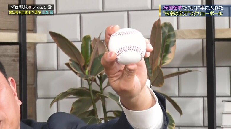 左にひねりながら、中指と薬指の間からボールを抜く山本昌氏のシンカー