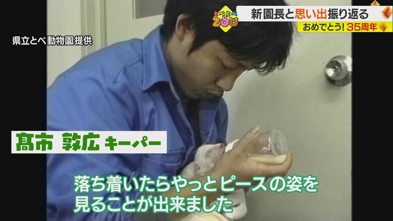 ピースにミルクを与える高市敦広キーパー（県立とべ動物園提供）