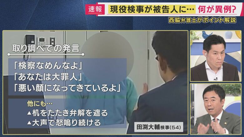 田渕検事の言動は…解説する西脇弁護士（右下）