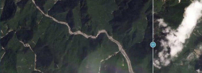 地震前の緑に覆われた山