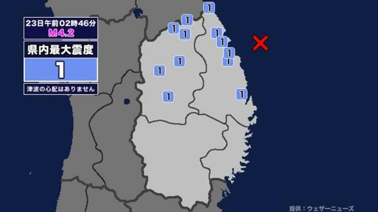 【地震】岩手県内で震度1 岩手県沖を震源とする最大震度2の地震が発生 津波の心配なし｜FNNプライムオンライン