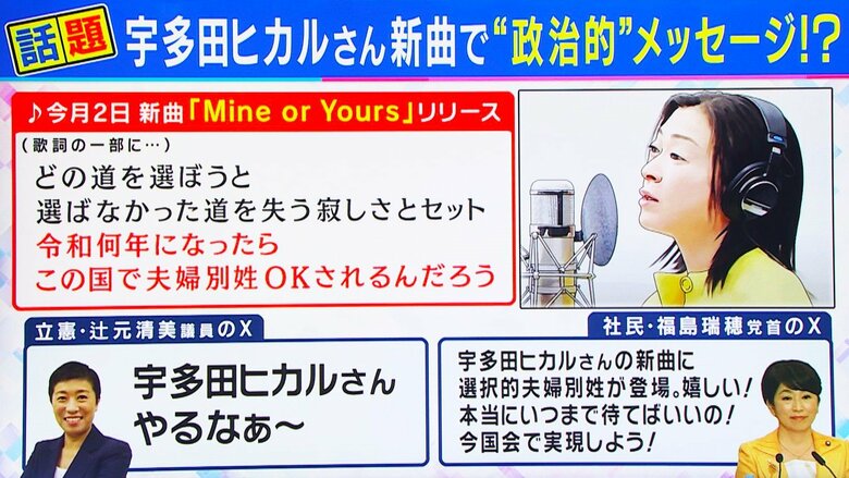宇多田ヒカルさんの歌詞に辻元清美氏や福島瑞穂氏がコメント