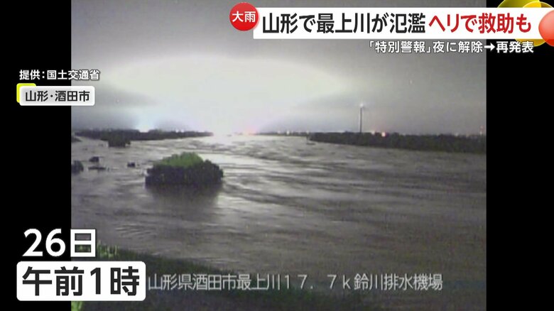 最上川の水位が上昇していく様子
