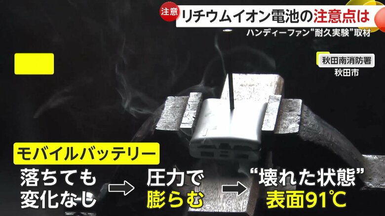 モバイルバッテリーの表面温度は91度に達し、カバーが大きく開いた