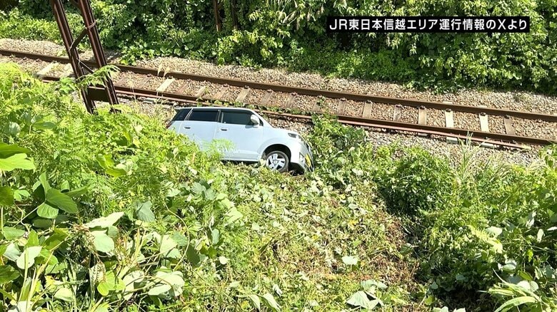 線路脇に転落した軽自動車（Xの「JR東日本【信越エリア】運行情報 」より）