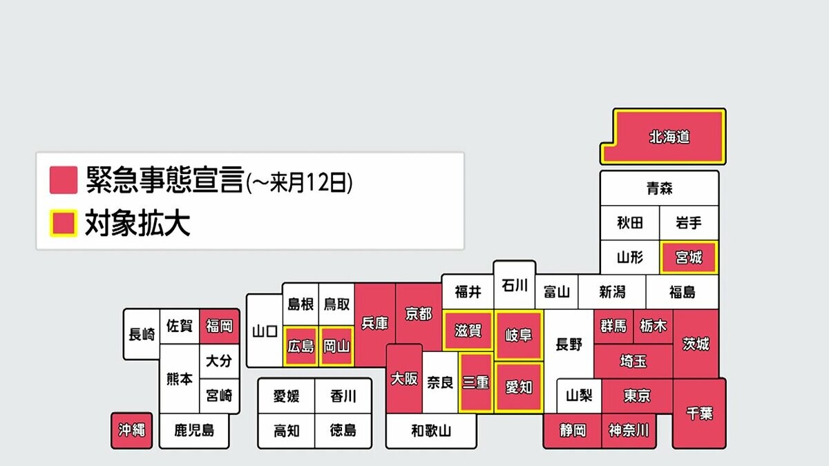 緊急事態宣言 8道県を追加 政府 25日に決定 全国の新規感染者2万1569人 東京42人