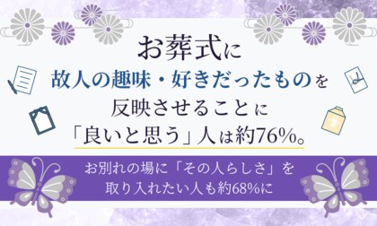 お葬式に故人の趣味・好きだったものを反映させることに「良いと思う」人は約76％。お別れの場に「その人らしさ」を取り入れたい人も約68％に