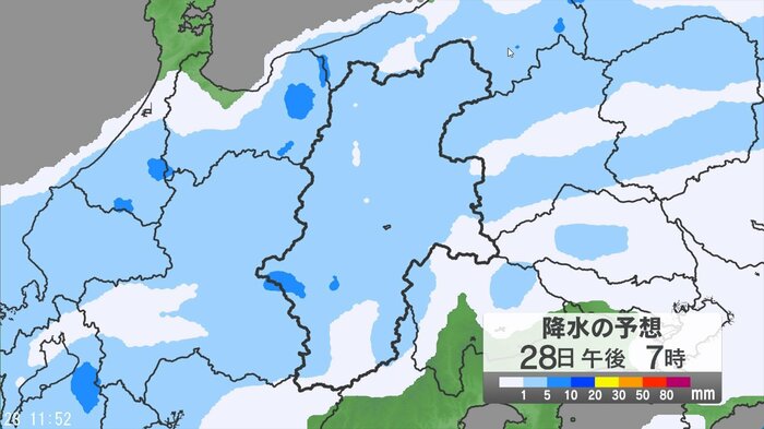 降水の予想　28日午後7時