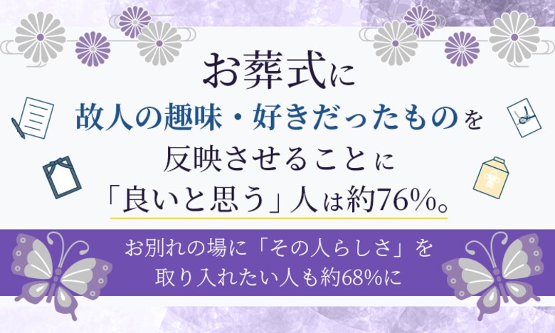 お葬式に故人の趣味・好きだったものを反映させることに「良いと思う」人は約76％。お別れの場に「その人らしさ」を取り入れたい人も約68％に