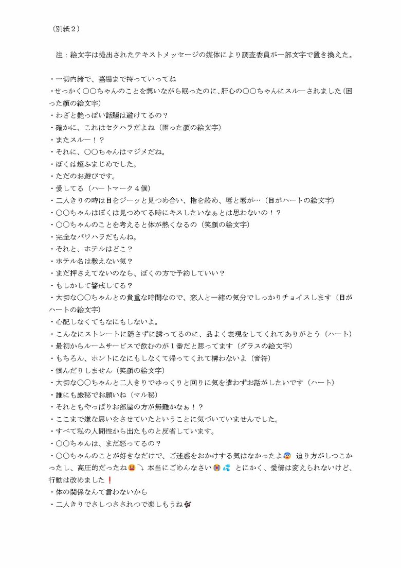 セクハラを裏付けるメッセージの一部