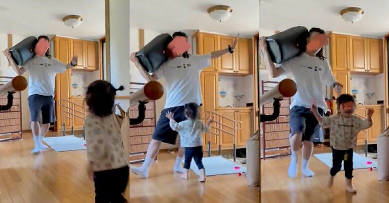 スピーカーを担いで娘ちゃんと遊んでいる弟さん（提供：やきちゃんさん）