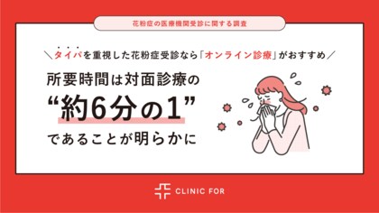 【花粉症の医療機関受診に関する調査】タイパを重視した花粉症受診なら「オンライン診療」がおすすめ 所要時間は対面診療の約6分の1であることが明らかに