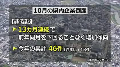 福井県内の企業倒産　今年10月まで46件で前年を13件上回る　「政府の迅速な対応や金融機関の支援が必要」　東京商工リサーチ