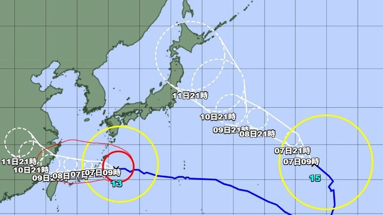 【台風情報】ダブル台風の今後の進路予想は　台風13号は8日（土）にかけて強い勢力を維持して南西諸島に接近し、9日頃にかけて東シナ海を西に進む見込み｜FNNプライムオンライン