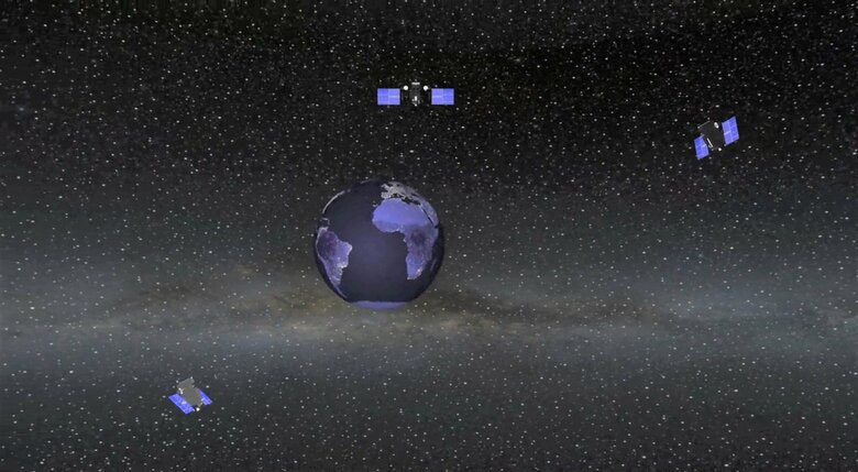 地球の周りで弾道ミサイルの発射を探知する米SBIRS衛星概念図。(米国防省公式映像より)