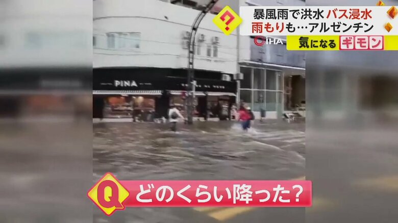 膝の下辺りまで水に浸かりながら、横断歩道を渡る人たち