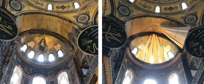 キリスト教の壁画が隠される前(左)と隠された後(右)