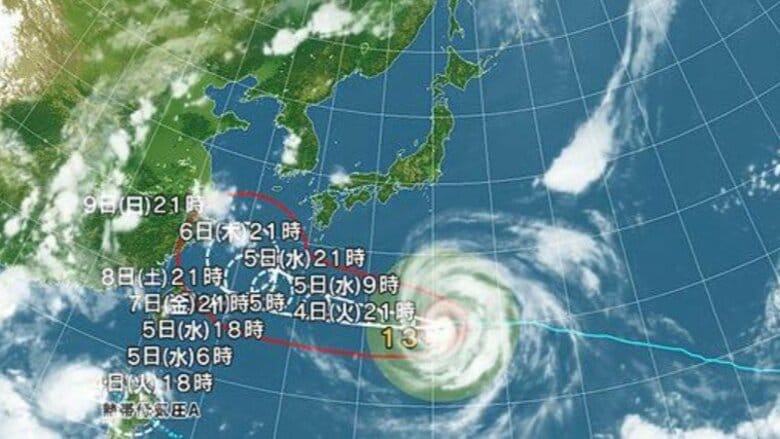 【台風情報】台風13号の今後の進路予想は　7日には強い勢力で沖縄本島近海に達する見込み　7日午後9時の予報では中心気圧950ヘクトパスカル、中心付近の最大風速40メートル、最大瞬間風速60メートル｜FNNプライムオンライン