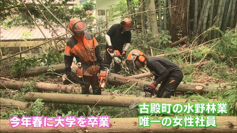 先輩社員と木の伐採作業を行う小室芽美さん