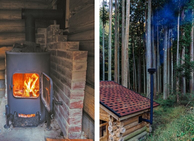 左／上に石を置きサウナストーブとして使われている薪ストーブ。木の壁との間には耐火煉瓦を置き安全を確保。右／薪ストーブには煙突が必須だ（『小屋を建てる』より）