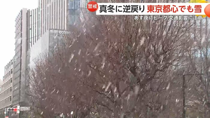 JR四ツ谷駅前でも雪が