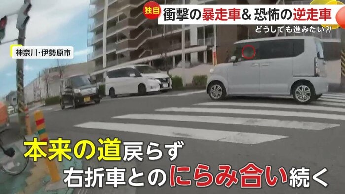 後続車と対峙する逆走車(視聴者撮影)