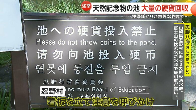 山梨・忍野村は看板を立てて注意を呼びかけている