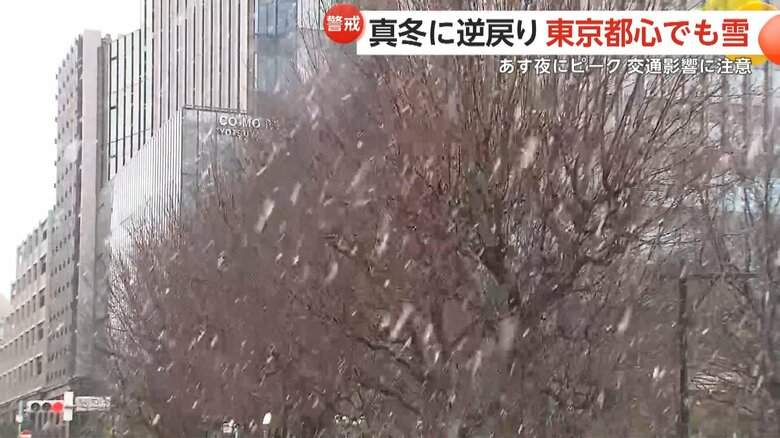 JR四ツ谷駅前でも雪が