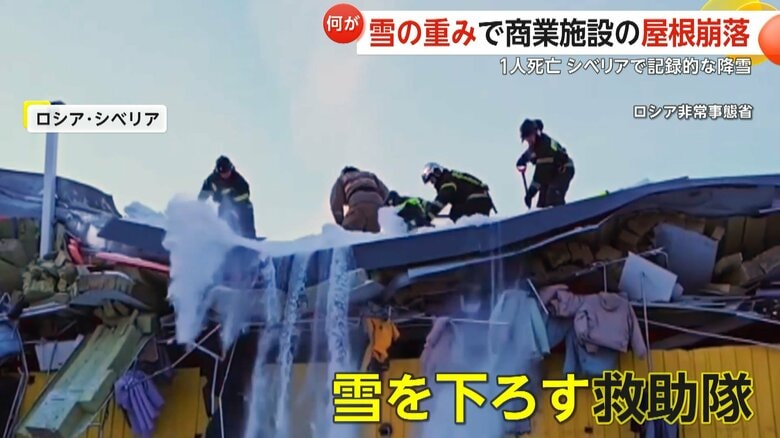崩落した建物の上から必死に雪を下ろす救助隊