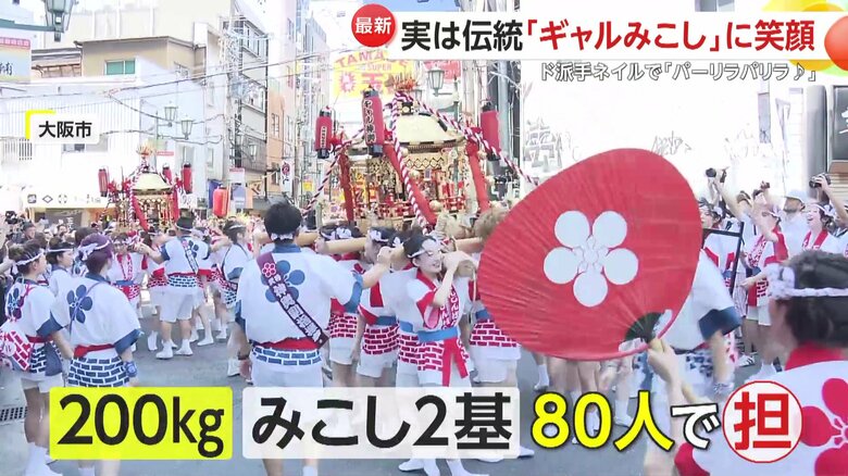 重いみこしを協力して担ぐ女性たち