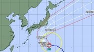 【台風情報】大型の台風25号の今後の進路予想は　18日午後9時、父島の南南西約200キロ　中心気圧975ヘクトパスカル　中心付近の最大風速30メートル、最大瞬間風速45メートル