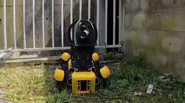 座る犬型ロボット。黄色いフォルムの上にカメラが付けられている