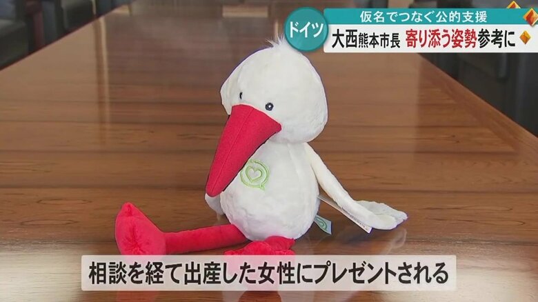 プレゼントとして渡されるコウノトリのぬいぐるみ